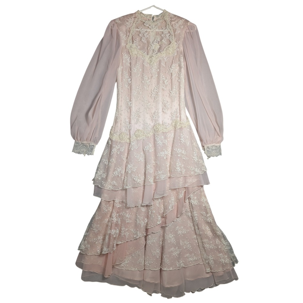 Susan Lane Country Elegance Dress Womens 12 Pink Vintage Lace Tiered Maxi